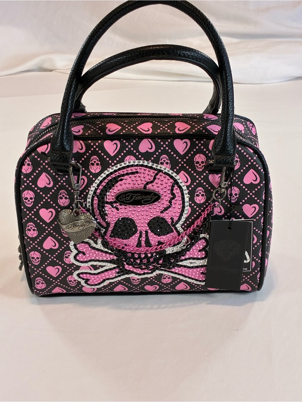 Ed Hardy Black & Pink Studded Skull Satchel/Crossbody